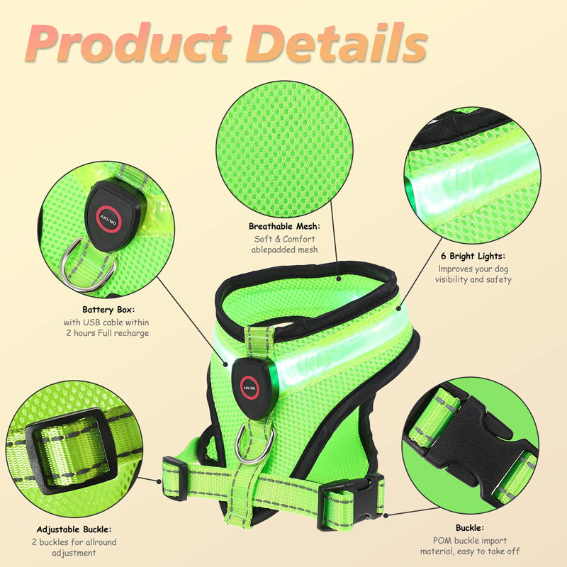 LED Rechargeable Dog Safety Harness – Light Up Reflective Vest for Night Walks